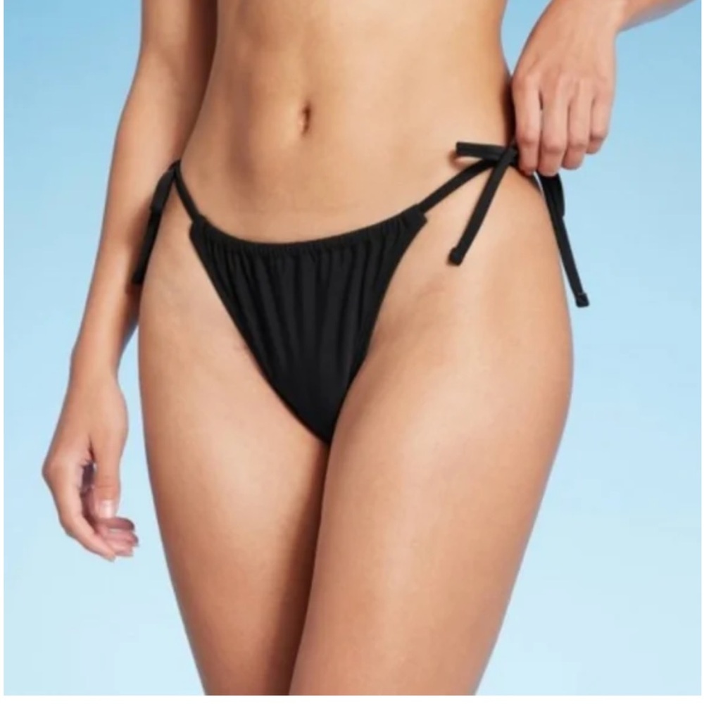 High Leg Scoop Waist Black Bikini Bottom with Side Ties
